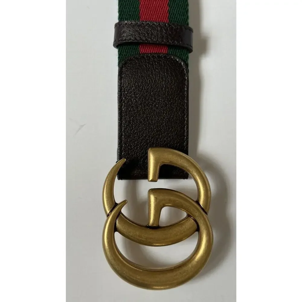 Gucci Web GG Marmont Leather/Fabric Belt Green/Red/Brown 80/32 IT 409416 NWT